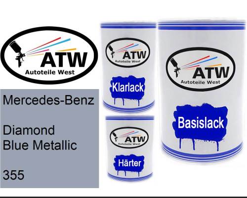 Mercedes-Benz, Diamond Blue Metallic, 355: 500ml Lackdose + 500ml Klarlack + 250ml Härter - Set, von ATW Autoteile West.